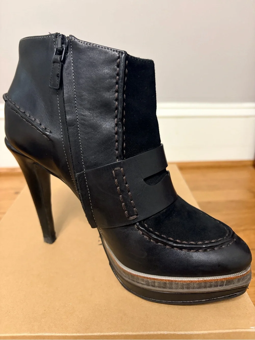 Cole Haan Black Leather and Suede Platform Ankle Booties